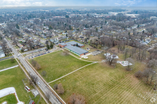 An aerial side view of Cavanaugh Elementary School.