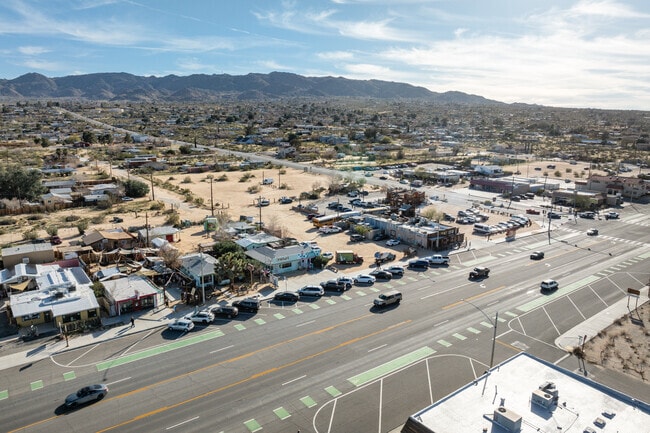A sprawling view of the retail and residential neighborhoods in Joshua Tree.