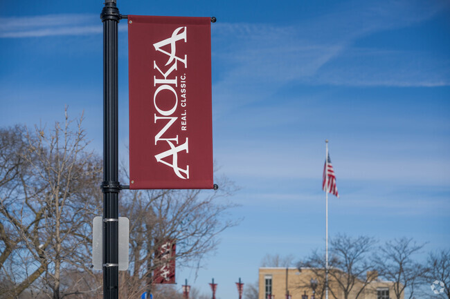 Flags in town welcome people to Anoka.