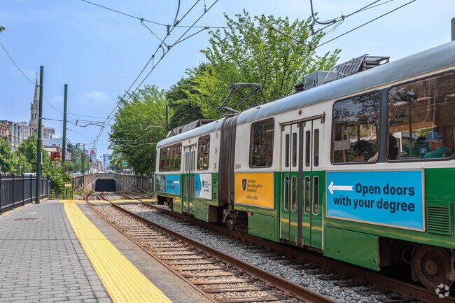 Green line train in Fenway is a great way to get around the great city of Boston.