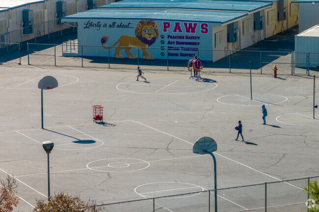 Kids at play near a mural at Liberty Elementary