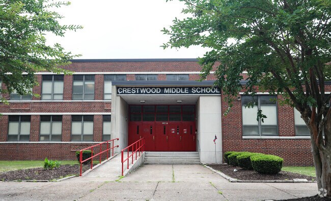 Crestwood Middle School has red doors at the entrance.