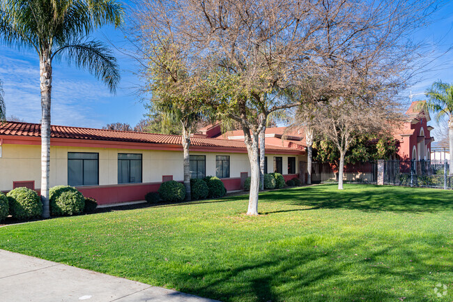 The classrooms at Orosi High School have a Spanish style architecture.