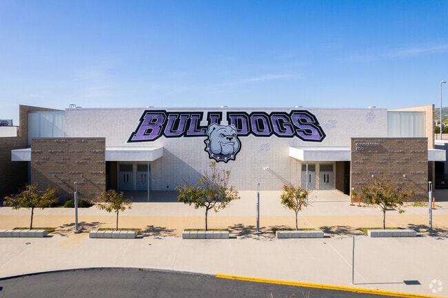 Portola High School's gymnasium shows its school spirit with the Bulldogs logo.