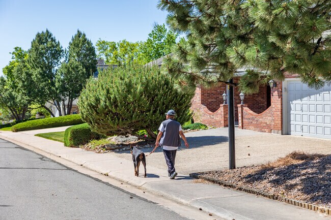 Dog walkers in the Academy Park neighborhood enjoy a stroll on paved residential streets.