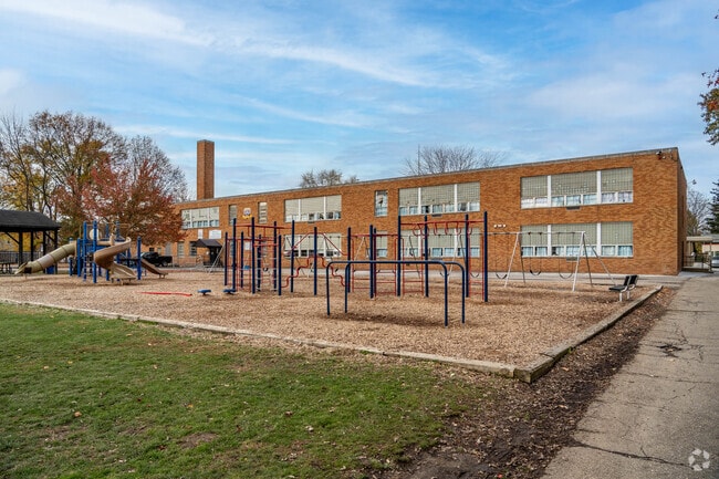 The West Main Elementary School in Ravenna Ohio features a large playground.