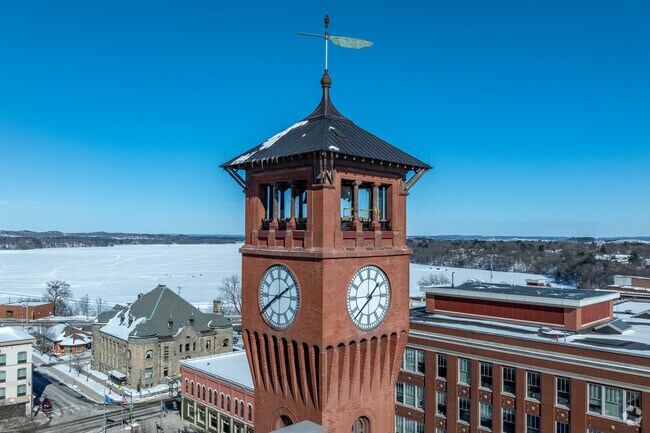 The UW-Stout Clock Tower overlooks Downtown, Menomonie, Lake Menomin, and the university.