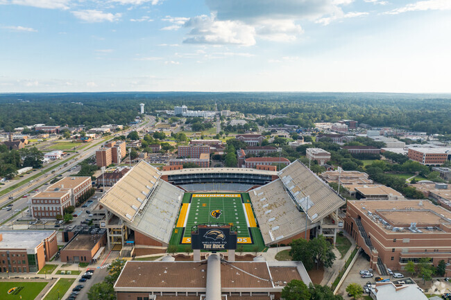 Aerial view of the magnificent MM Roberts Stadium right by The Highlands neighborhood.