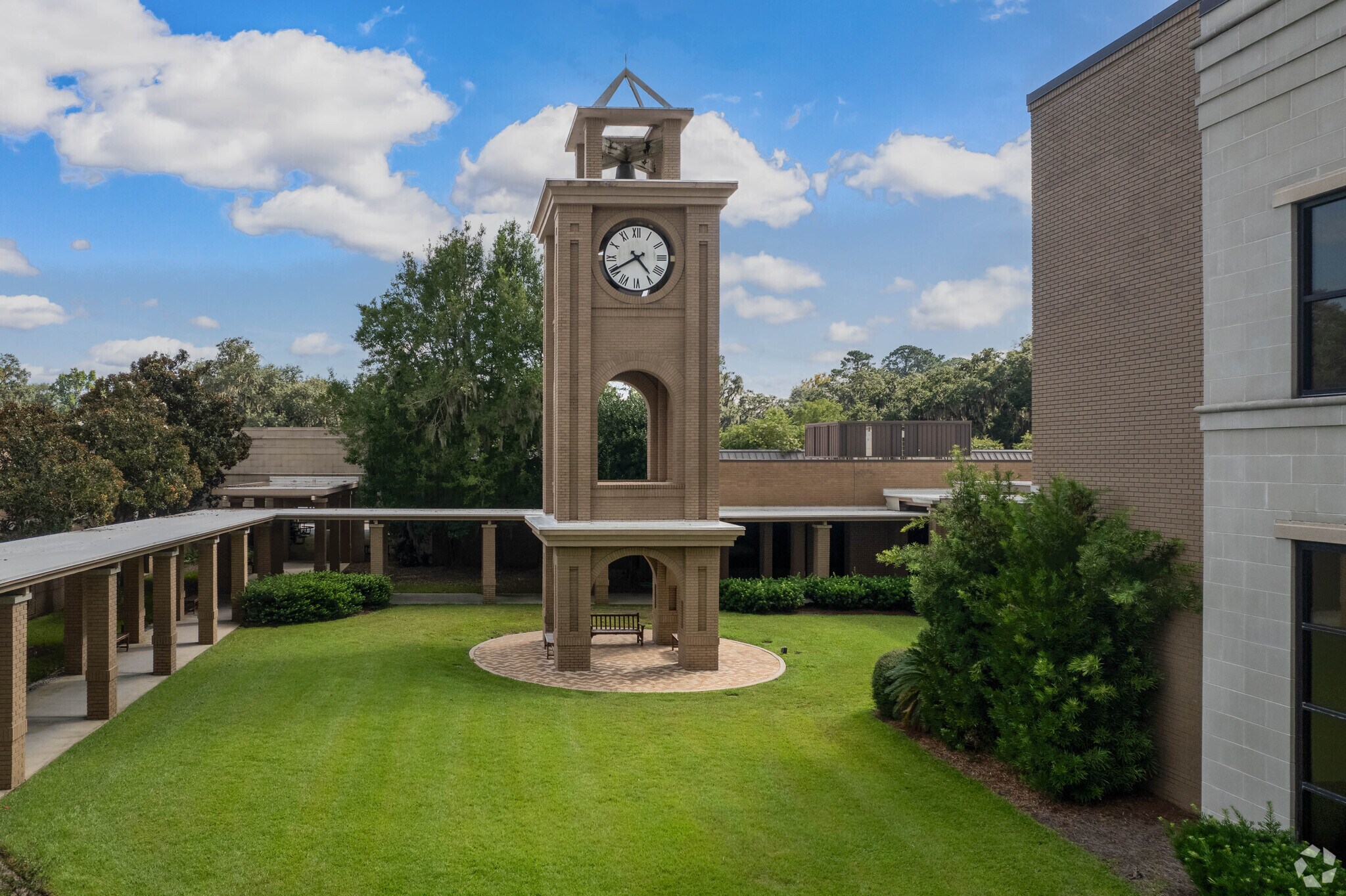 South University's clock tower is a distinctive campus landmark in Skyland Terrace-Greenway Park