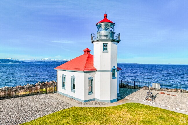 The Alki Point Lighthouse stands tall near the water.