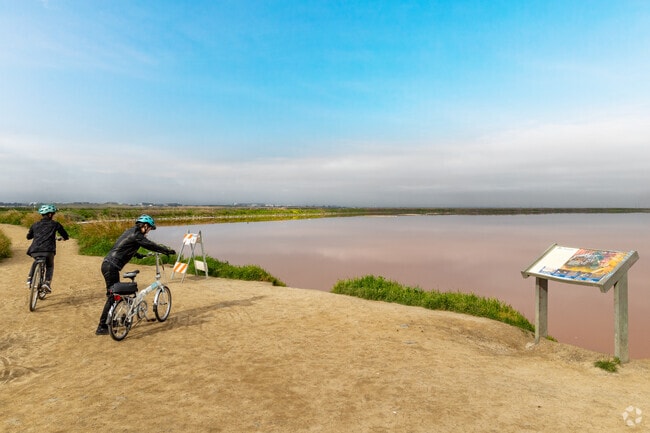 Bikers can ride along with the salt pond in Alviso.