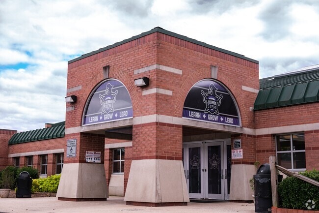 View of the main entrance at J N Fries Middle School located in Outlying Cabarrus County, NC.