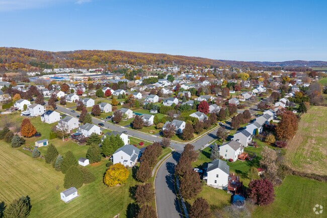 Neighborhoods cluster in the rolling hills of rural Pike Township.