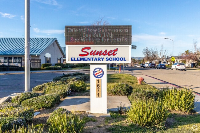A welcome sign greets you at Sunset Elementary School.