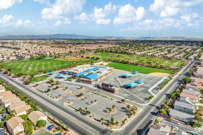 An aerial view of Wayne N Tanaka Elementary School and its engaging amenities in Rhodes Ranch.
