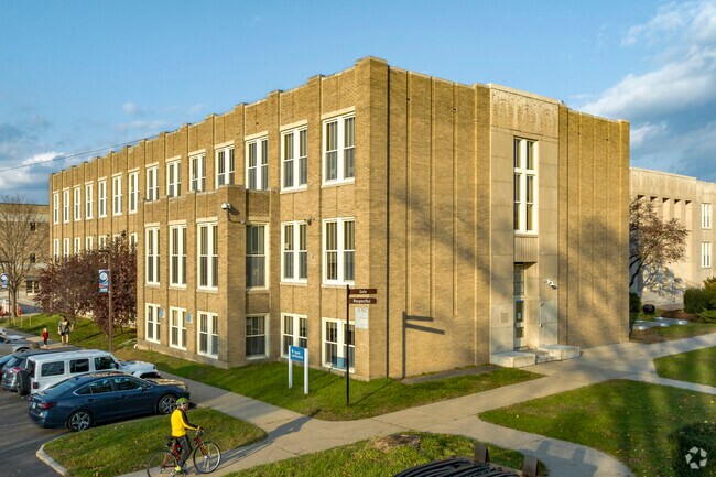 The left, front, corner of Sedgwick Middle School.