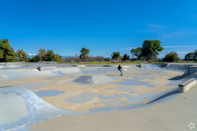 A man carves the Diamond Park skateboard bowls.