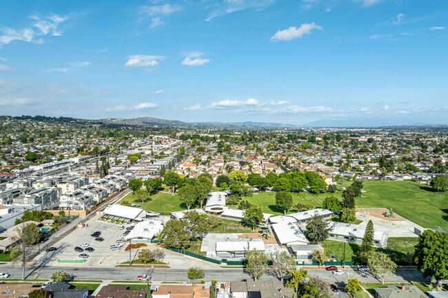 An aerial view of the front of Jordan Elementary School in Whittier.