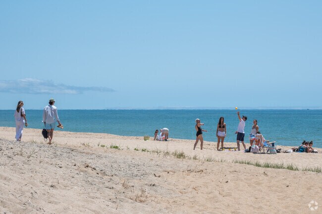A family enjoys a friendly game of spike ball on South Beach in Edgartown.