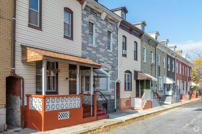 Traditional, yet colorful, rowhouses line the streets of Downtown Reading.