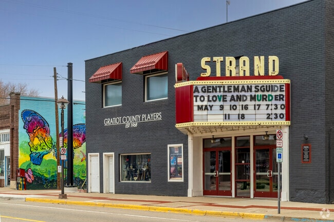 The historic marquee of the Strand Theater stands on Superior Street in downtown Alma.
