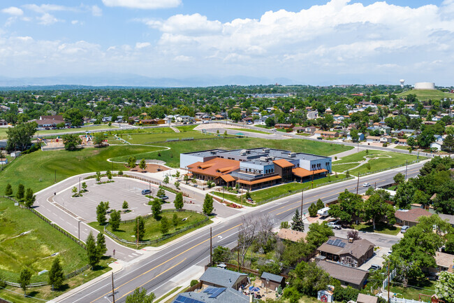 An aerial view of the campus at Adventure Elementary School in Denver, Colorado.