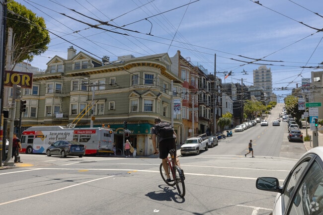A warm day leads to a lot of foot or bike travel in Cow Hollow.