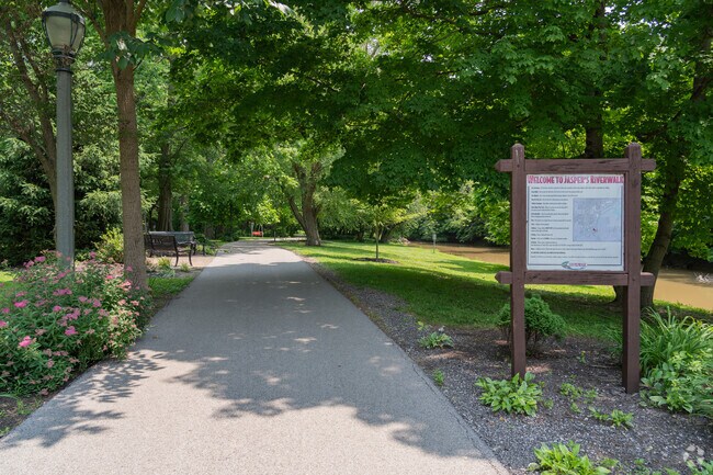 The Jasper Riverwalk is a winding, 2-mile paved path along the Patoka River.