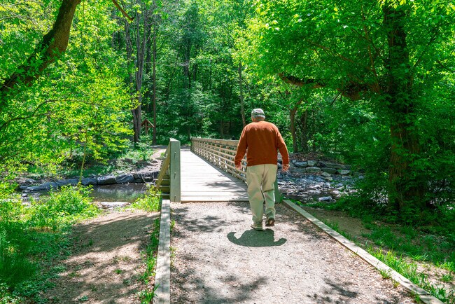 A bridge crossing Little Falls Stream runs down the center of Little Falls Stream Valley Park.