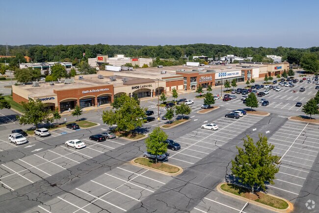 An aerial overview of one of the shopping plazas at Wendover Place.