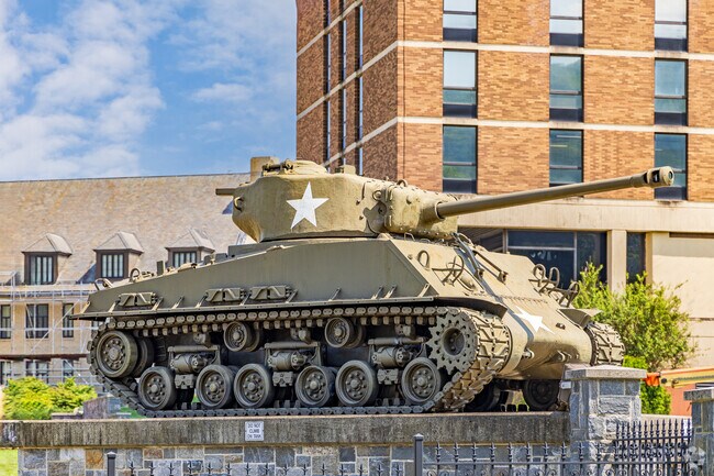 A tank is showcased outside of the military West Point Museum in Highlands.