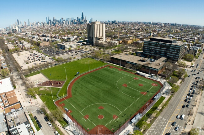 Skyline views of Clemente Community Academy High School in the Ukrainian Village neighborhood.
