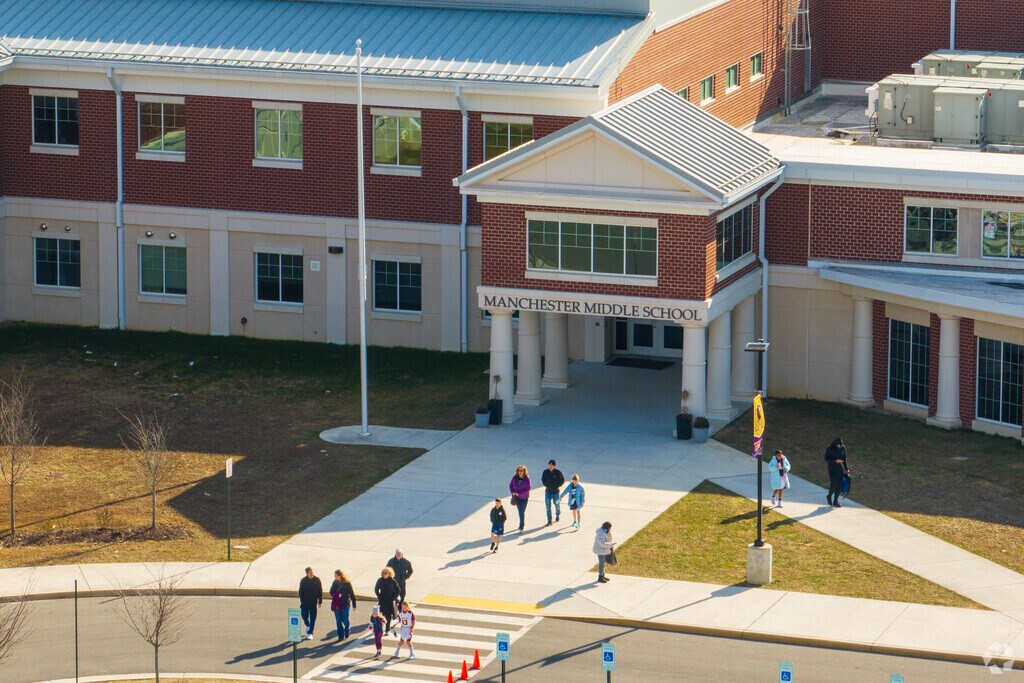 An aerial view of the entrance of Manchester Middle School.