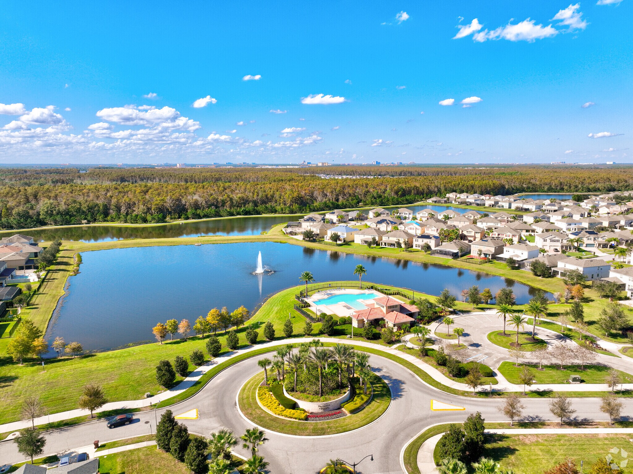 Resort style pool with waterfront front amenities in a Columbia neighborhood.