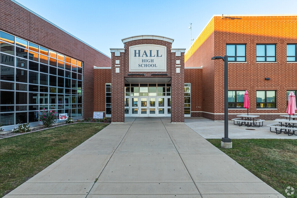 Hall High School has 410 students and earns an overall B grade according to Niche.