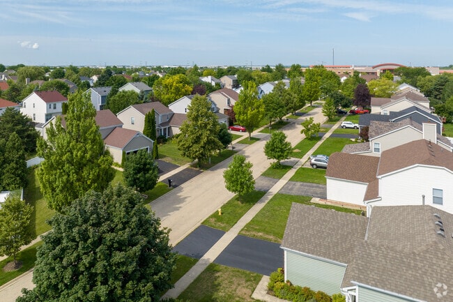 Aerial looking down the tree lined street Poplar Park, Bolingbrook, IL.