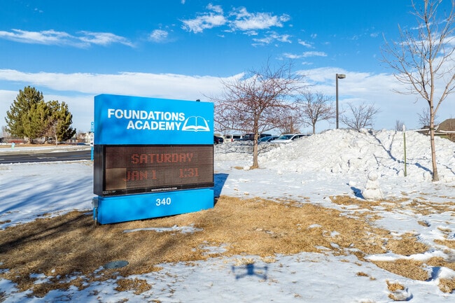 The school sign at Foundations Academy in Brighton, Colorado.