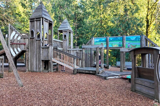 Meinig Memorial Park has a wooden fortress-inspired playground.