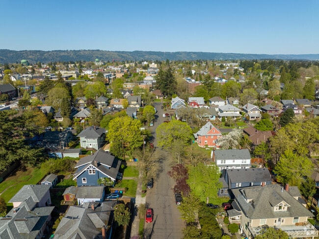 View toward the West Hills over the tree-lined streets of Portland's Humboldt neighborhood.