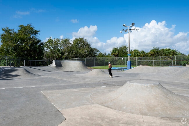 Lakevue skate park welcomes skaters to practice tricks in Ormond Beach, Florida.