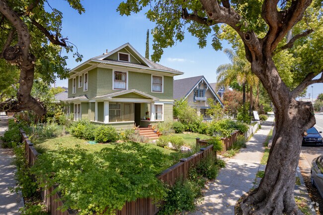 Craftsman-style homes line this quaint tree-lined street in South Pasadena.