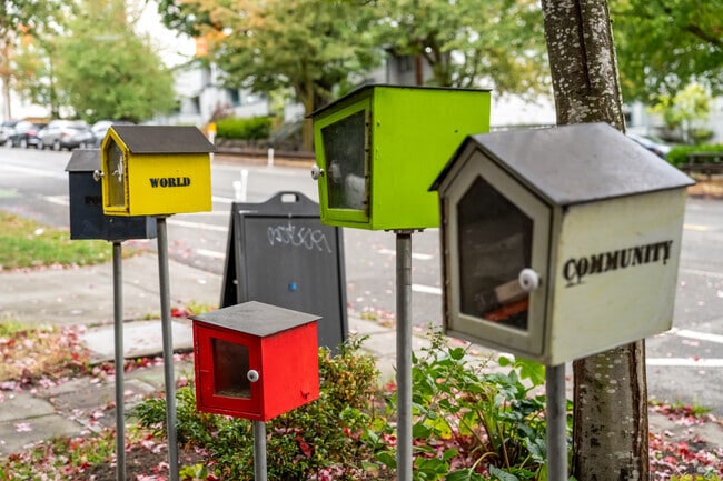 The neighborhood is home to groups of community boxes with books, sundries and other necessities.