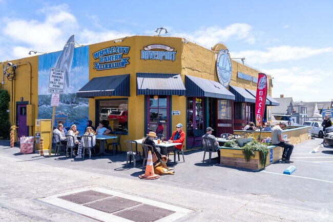 Outdoor tables at Whale City Bakery offer ocean breezes and views along Highway 1 in Davenport.