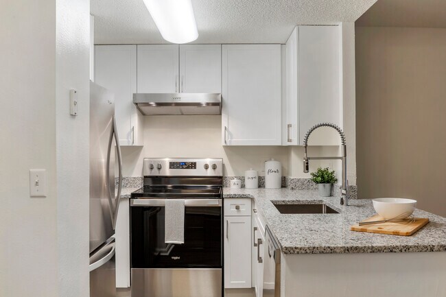 Renovated Package II kitchen with white cabinetry, quartz countertops, stainless steel appliances, and hard surface flooring