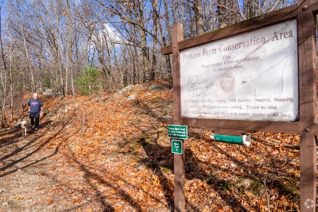 A person walks his dog at Perkins Farm Conservation Area, a hiking trail system near Hamilton.