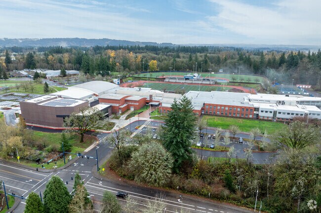 Tall trees line the front of Wilsonville High School on SW Wilsonville Rd in Wilsonville.