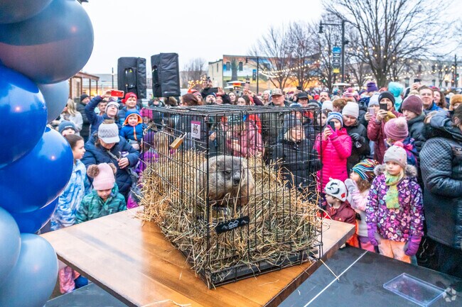 Kids and adults gather to see Jimmy the groundhog on Groundhog Day during the prognostication.