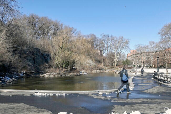 Residents of the Morningside Heights community enjoying the pond in Morningside Park.