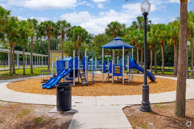 The large blue playground at Rock Lake Neighborhood Center.