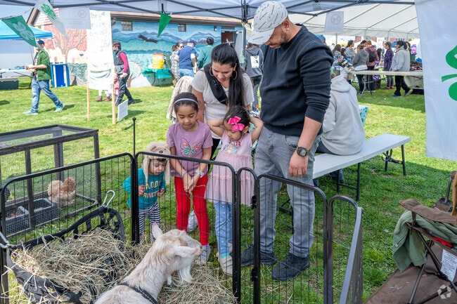 Families interact with animals at Green Ossining's Earth Day Festival in Ossining.